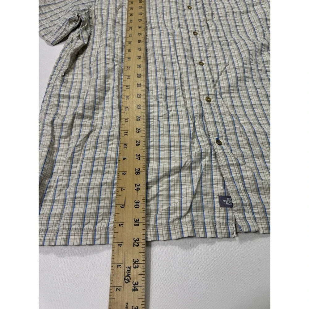 The North Face Men's XL Beige Blue Plaid Seersucker Button Shirt Hiking Outdoor